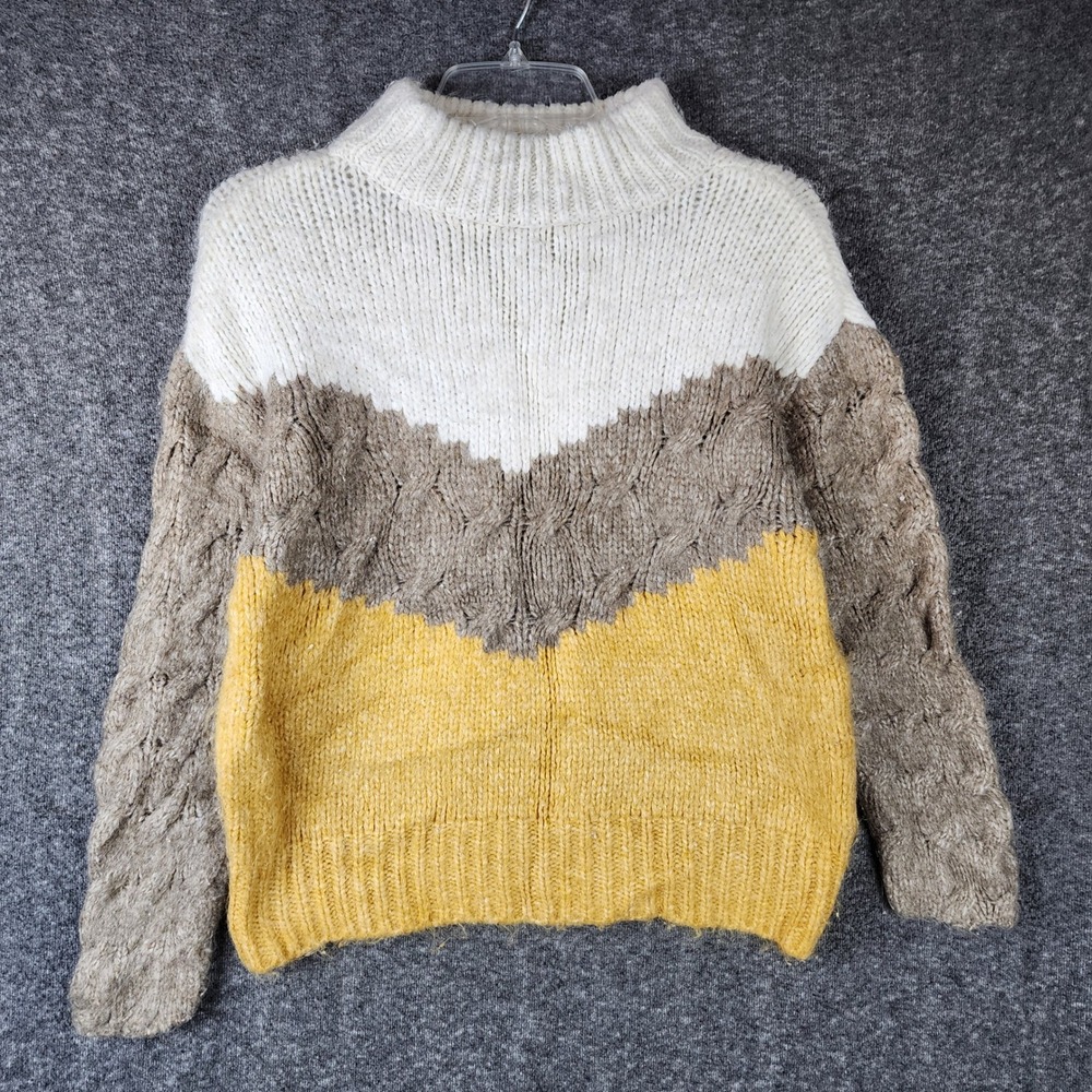 For The Republic Sweater Womens XS Colorblock Chevron White Taupe Yellow EUC